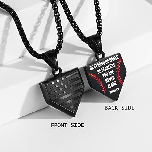 Baseball Home Plate Necklace for Men USA Flag Shield Pendant Stainless Steel Chain 22+2 inch Inspirational Bible Verse Baseball Gift Personalized Patriotic Jewelry for Men