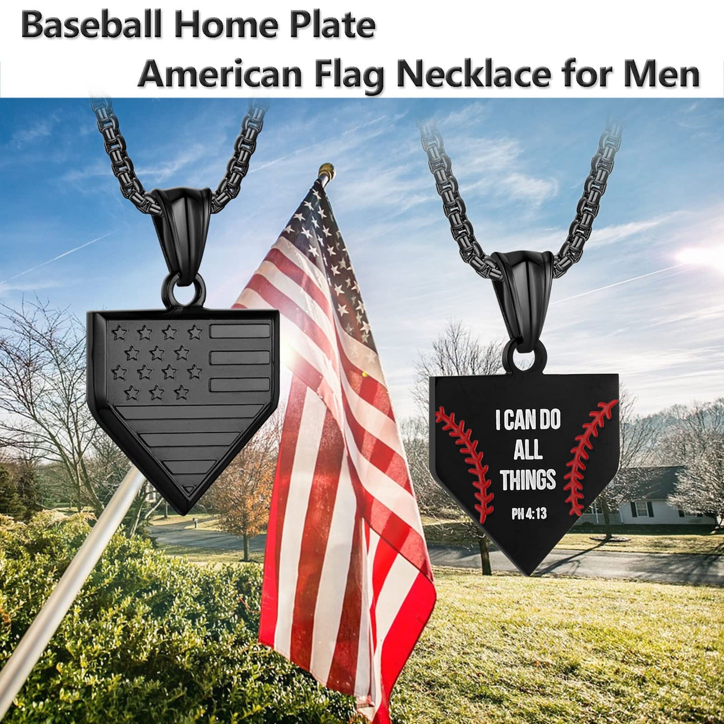 Baseball Home Plate Necklace for Men USA Flag Shield Pendant Stainless Steel Chain 22+2 inch Inspirational Bible Verse Baseball Gift Personalized Patriotic Jewelry for Men