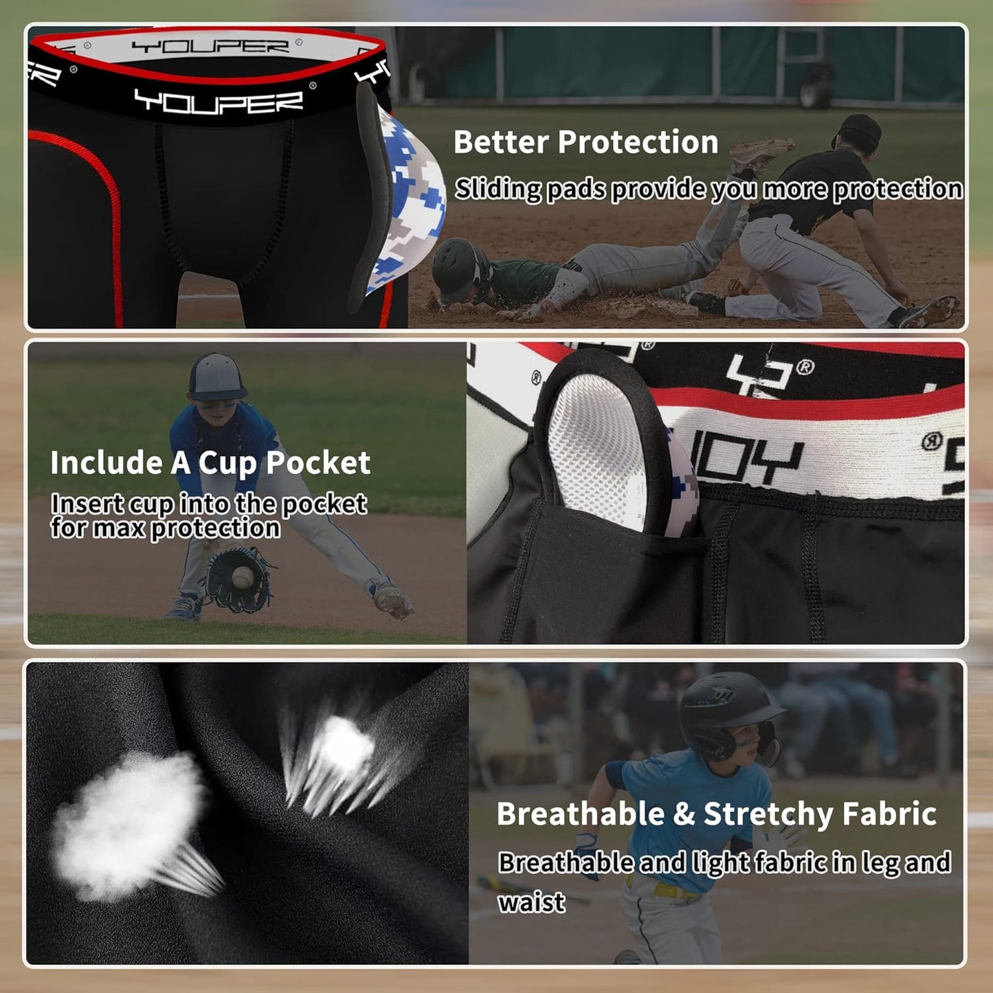 Boys Youth Padded Sliding Shorts with Soft Protective Athletic Cup for Baseball, Football, Lacrosse