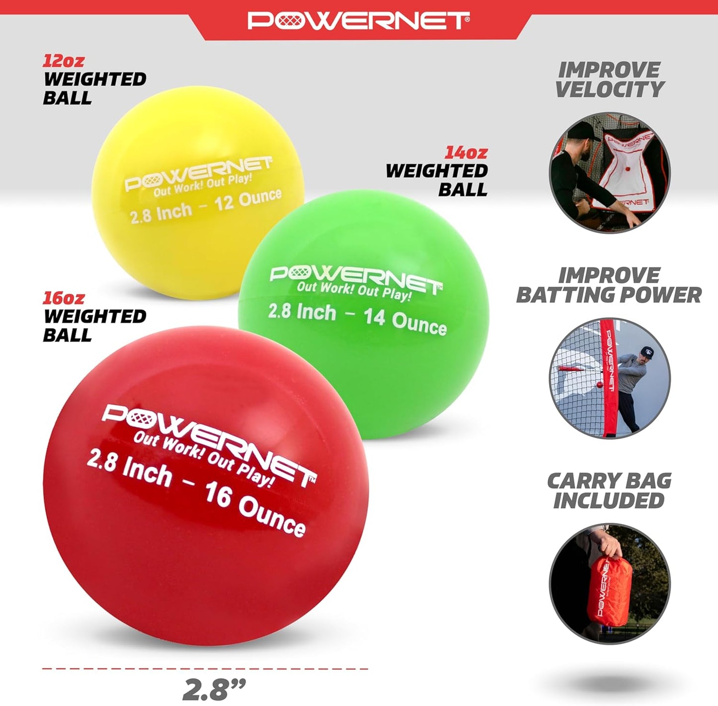 2.8" 9 Pack Weighted Progressive Training Balls for Hitting Batting, Build Strength & Muscle, Improve Technique, Baseball Size, Training Equipment for Throwing, 12 Oz to 20 Oz