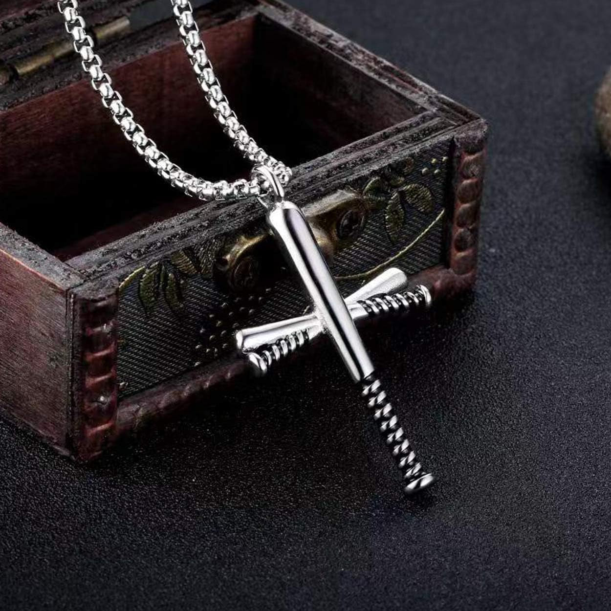 Baseball Bat Cross Pendant Necklace for Men Women with 24" Stainless Steel Chain Black Gold Silver