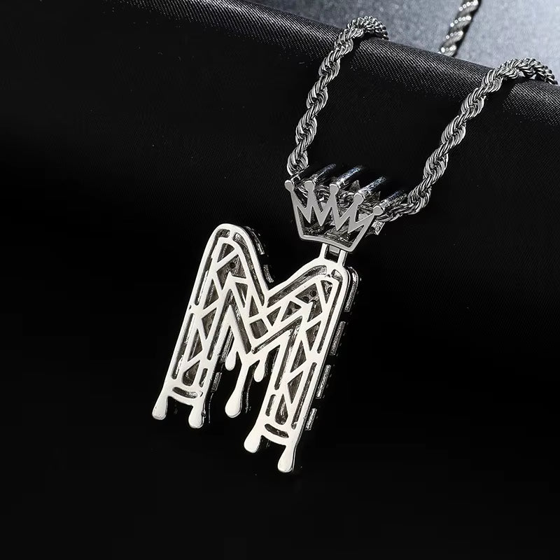 Hop Iced Out Bling Cubic A-Z Drip Crown Zircon Letters Necklaces & Pendant Chain for Men Jewelry with Rope Chain