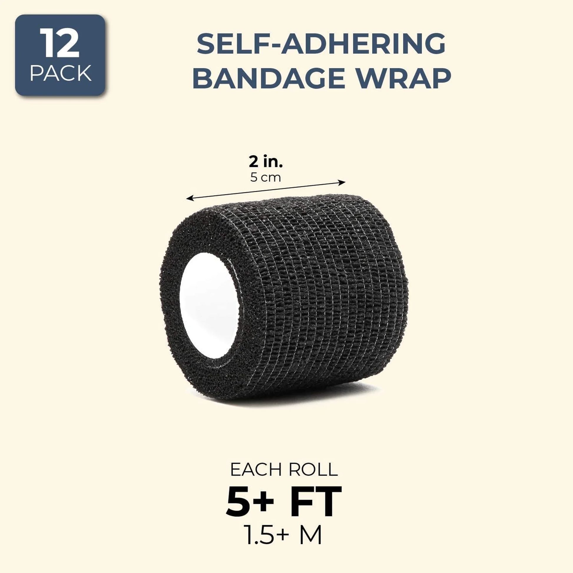 12-Rolls Self Adherent Bandage Wrap, Vet Tape - 2 in X 15 Ft Breathable, Elastic Cohesive Wrap Tape for Wrist, Swelling, Sports, Tattoo (Black)