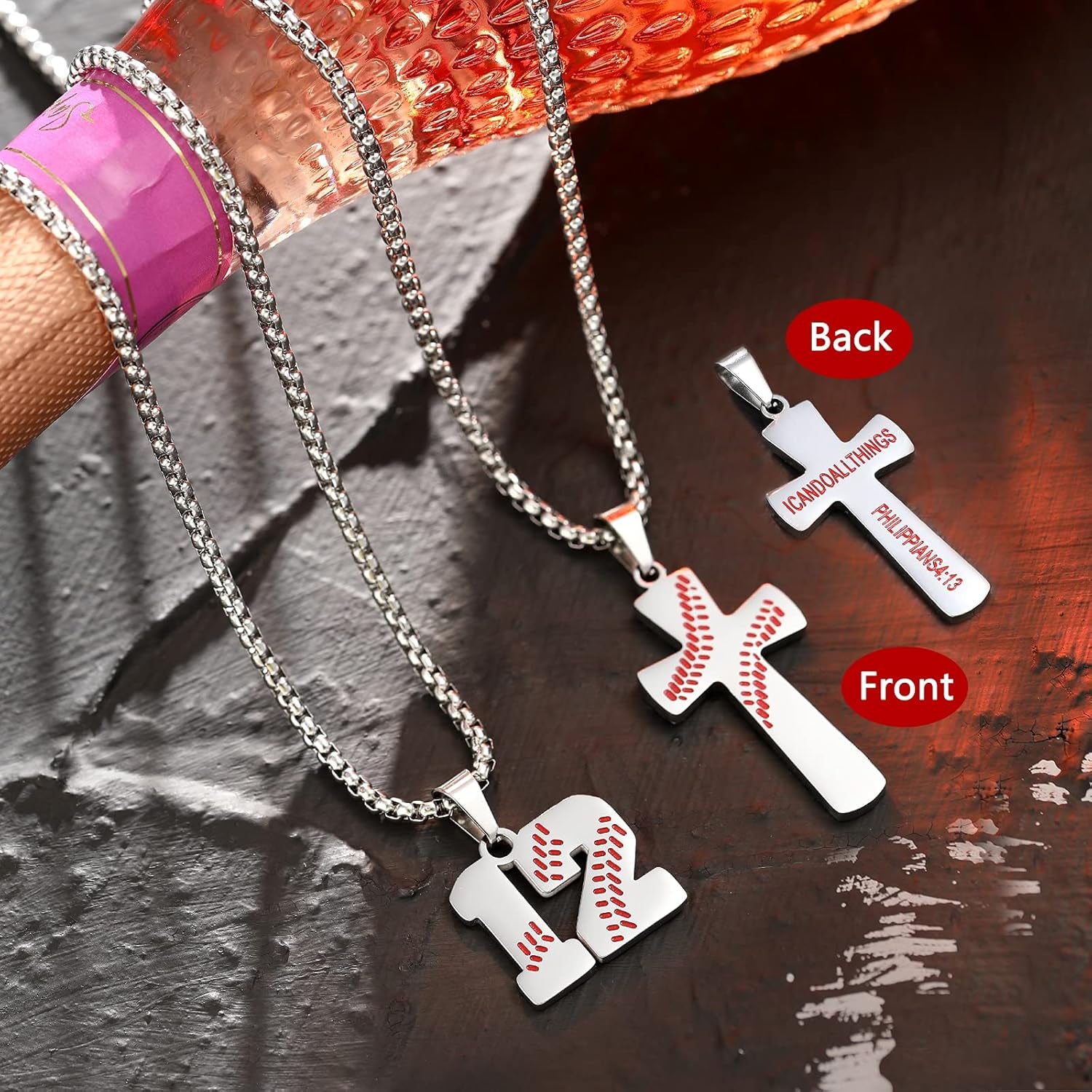 Baseball Necklaces Number Cross Pendant Set for Men I Can Do All Things Silver Plated Chains Charm Red Necklace Mens Stuff Stainless Steel Long Chain Layered Jewelry