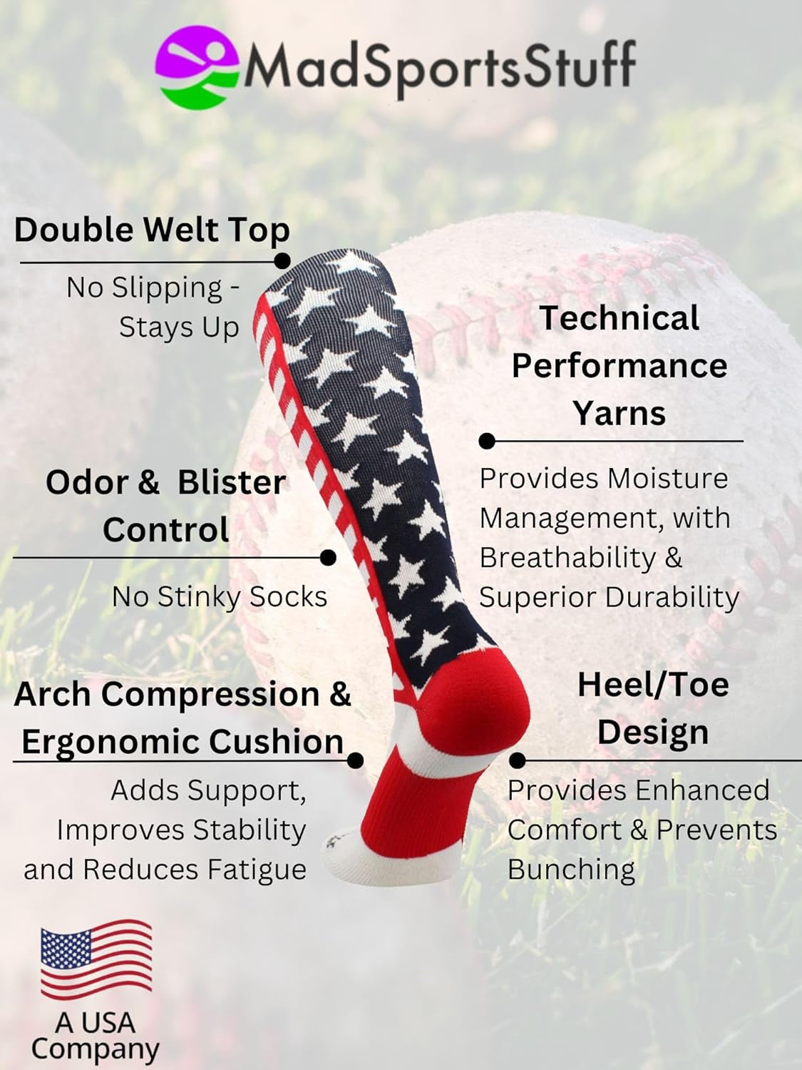 USA American Flag Stars and Stripes Socks for Baseball Softball Football Youth and Adult Boys Girls Men Women