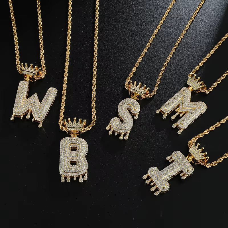 Hop Iced Out Bling Cubic A-Z Drip Crown Zircon Letters Necklaces & Pendant Chain for Men Jewelry with Rope Chain