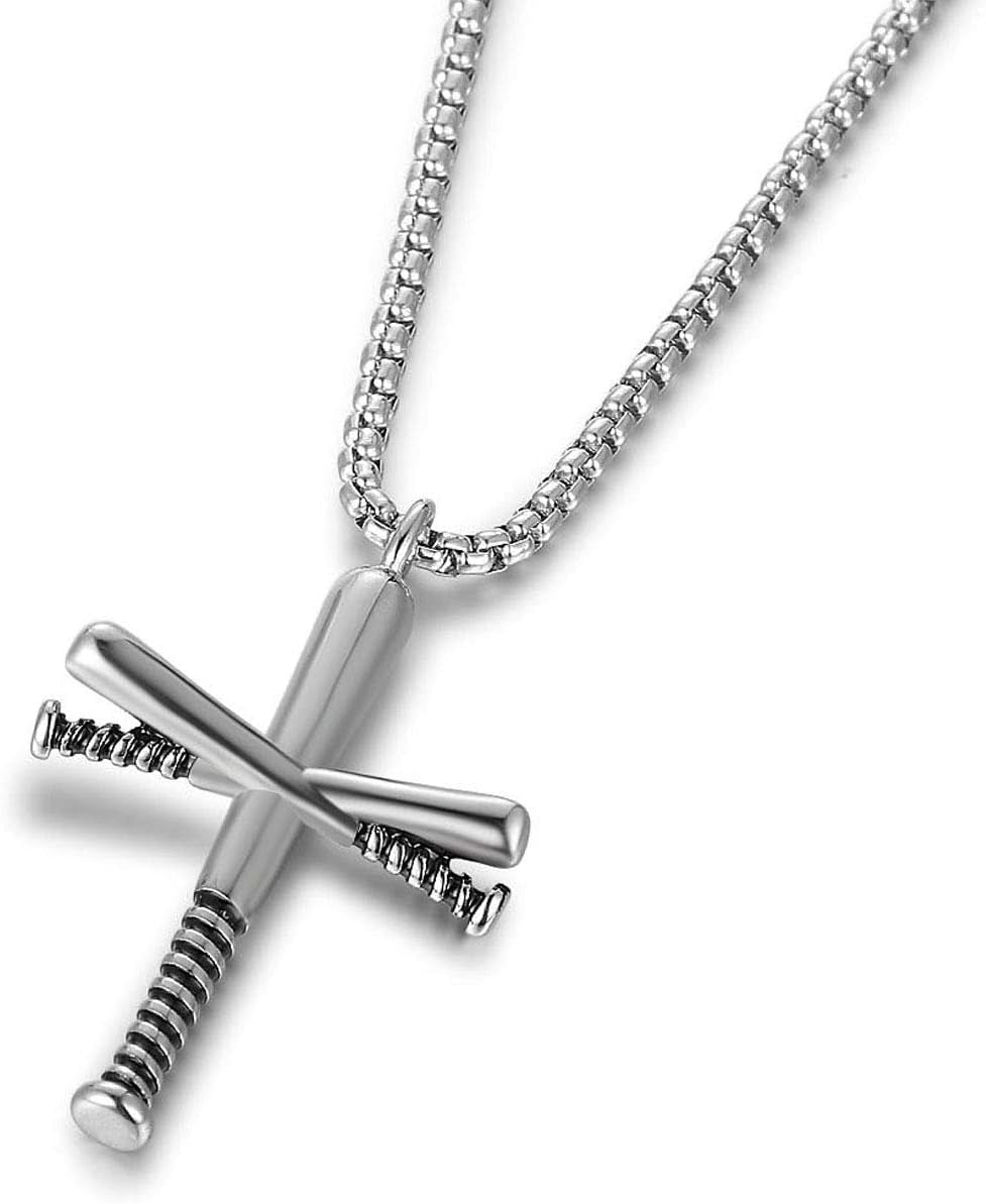Baseball Bat Cross Pendant Necklace for Men Women with 24" Stainless Steel Chain Black Gold Silver