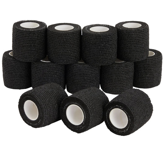 12-Rolls Self Adherent Bandage Wrap, Vet Tape - 2 in X 15 Ft Breathable, Elastic Cohesive Wrap Tape for Wrist, Swelling, Sports, Tattoo (Black)