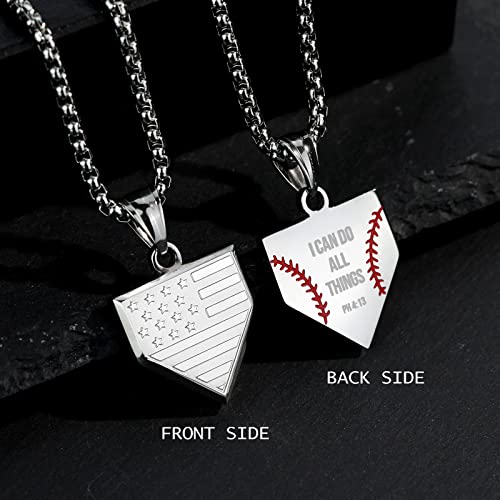 Baseball Home Plate Necklace for Men USA Flag Shield Pendant Stainless Steel Chain 22+2 inch Inspirational Bible Verse Baseball Gift Personalized Patriotic Jewelry for Men
