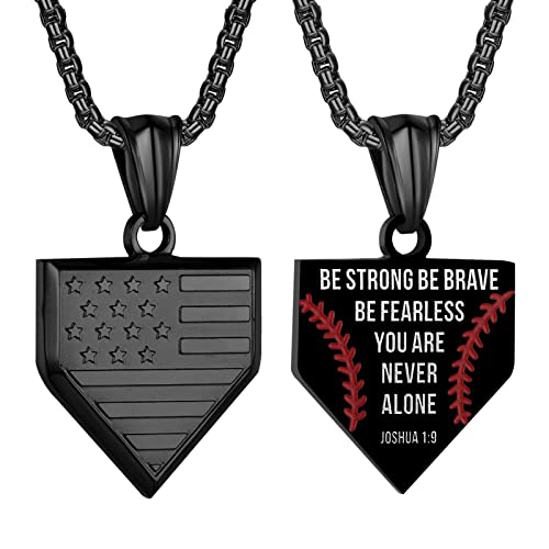 Baseball Home Plate Necklace for Men USA Flag Shield Pendant Stainless Steel Chain 22+2 inch Inspirational Bible Verse Baseball Gift Personalized Patriotic Jewelry for Men