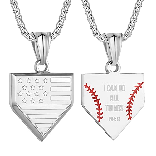 Baseball Home Plate Necklace for Men USA Flag Shield Pendant Stainless Steel Chain 22+2 inch Inspirational Bible Verse Baseball Gift Personalized Patriotic Jewelry for Men
