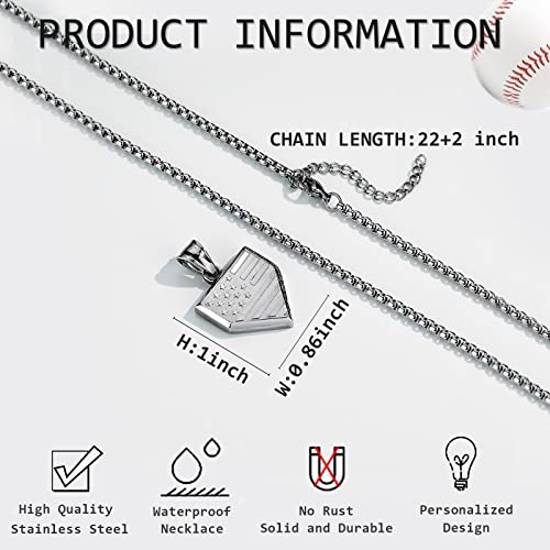 Baseball Home Plate Necklace for Men USA Flag Shield Pendant Stainless Steel Chain 22+2 inch Inspirational Bible Verse Baseball Gift Personalized Patriotic Jewelry for Men