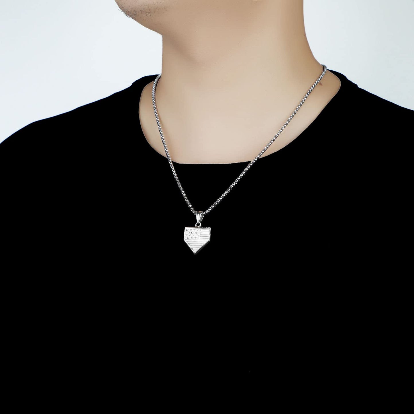 Baseball Home Plate Necklace for Men USA Flag Shield Pendant Stainless Steel Chain 22+2 inch Inspirational Bible Verse Baseball Gift Personalized Patriotic Jewelry for Men