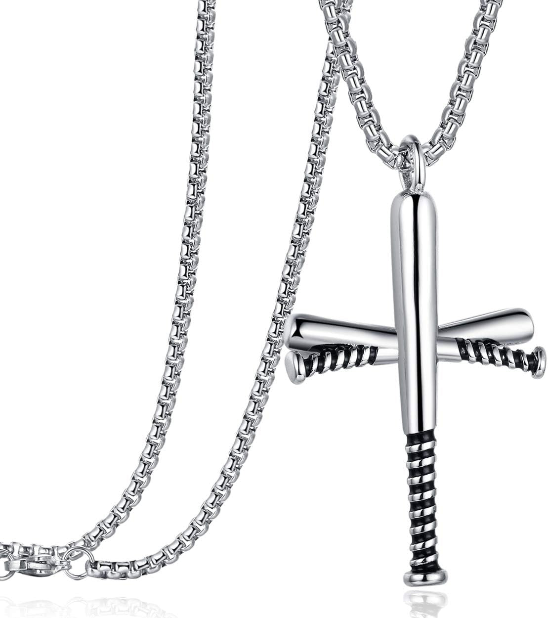 Baseball Bat Cross Pendant Necklace for Men Women with 24" Stainless Steel Chain Black Gold Silver