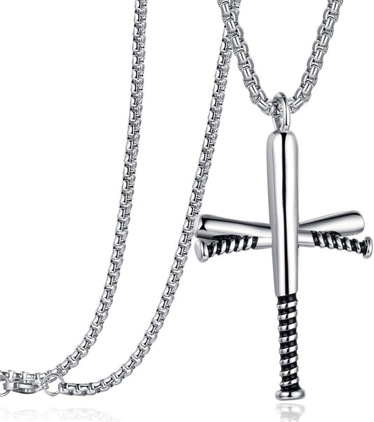 Baseball Bat Cross Pendant Necklace for Men Women with 24" Stainless Steel Chain Black Gold Silver