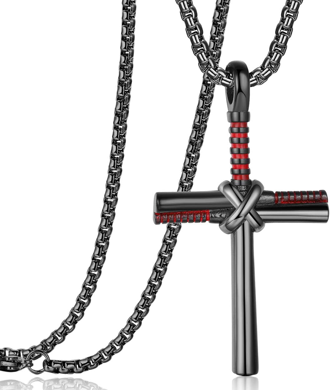 Baseball Bat Cross Pendant Necklace for Men Women with 24" Stainless Steel Chain Black Gold Silver