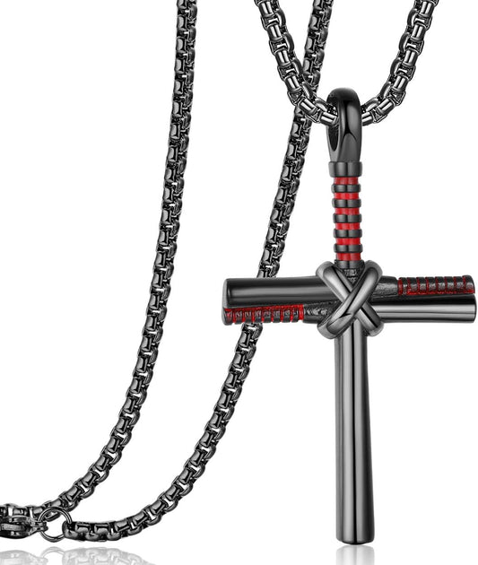Baseball Bat Cross Pendant Necklace for Men Women with 24" Stainless Steel Chain Black Gold Silver