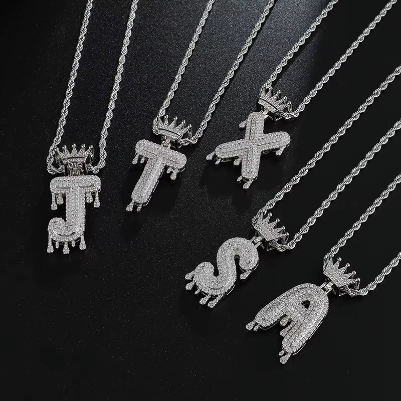 Hop Iced Out Bling Cubic A-Z Drip Crown Zircon Letters Necklaces & Pendant Chain for Men Jewelry with Rope Chain