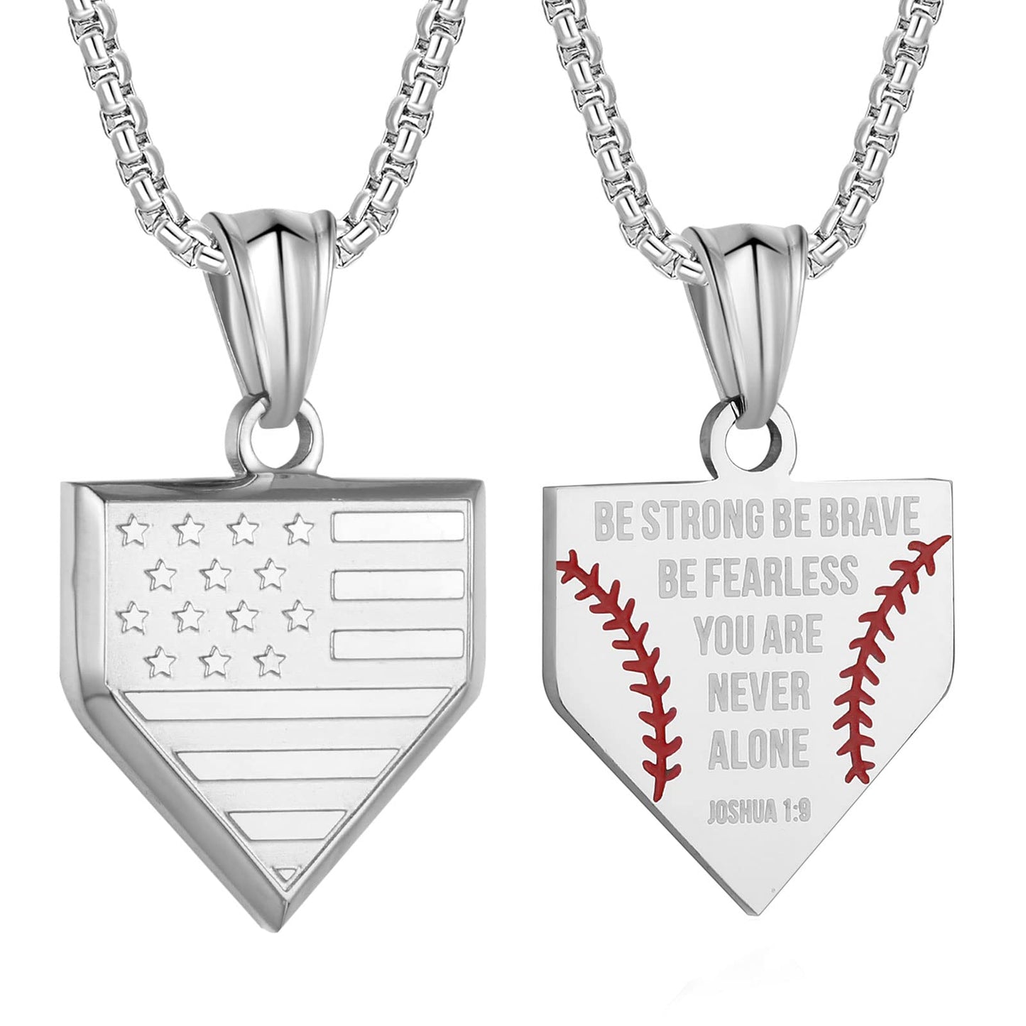 Baseball Home Plate Necklace for Men USA Flag Shield Pendant Stainless Steel Chain 22+2 inch Inspirational Bible Verse Baseball Gift Personalized Patriotic Jewelry for Men