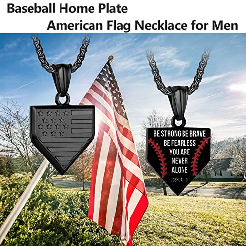 Baseball Home Plate Necklace for Men USA Flag Shield Pendant Stainless Steel Chain 22+2 inch Inspirational Bible Verse Baseball Gift Personalized Patriotic Jewelry for Men