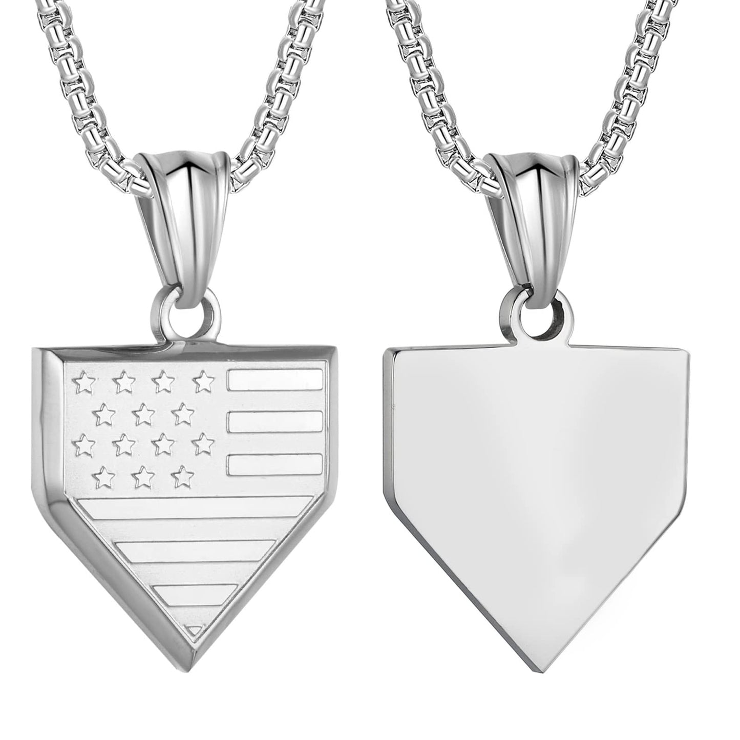 Baseball Home Plate Necklace for Men USA Flag Shield Pendant Stainless Steel Chain 22+2 inch Inspirational Bible Verse Baseball Gift Personalized Patriotic Jewelry for Men