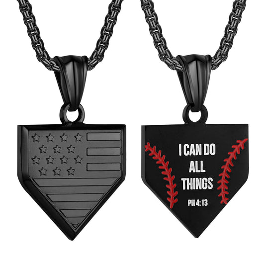 Baseball Home Plate Necklace for Men USA Flag Shield Pendant Stainless Steel Chain 22+2 inch Inspirational Bible Verse Baseball Gift Personalized Patriotic Jewelry for Men