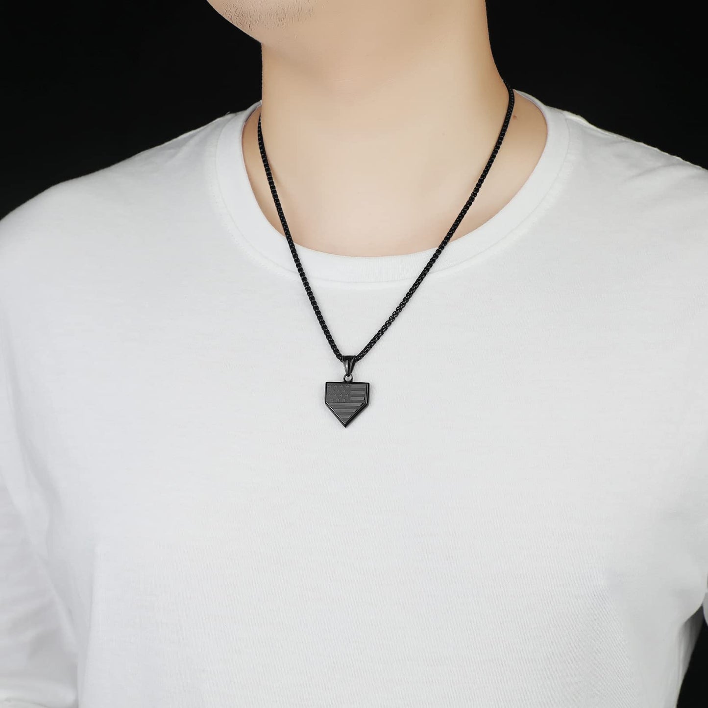Baseball Home Plate Necklace for Men USA Flag Shield Pendant Stainless Steel Chain 22+2 inch Inspirational Bible Verse Baseball Gift Personalized Patriotic Jewelry for Men