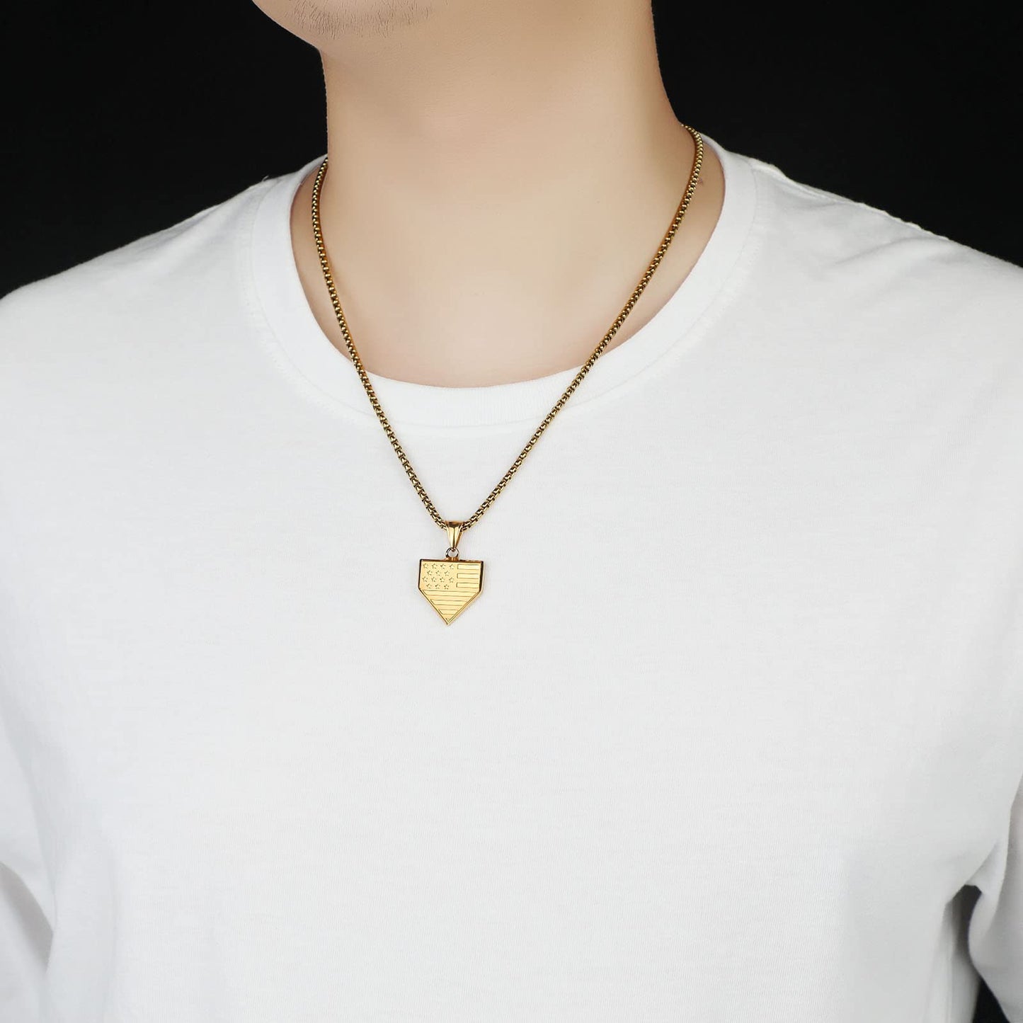 Baseball Home Plate Necklace for Men USA Flag Shield Pendant Stainless Steel Chain 22+2 inch Inspirational Bible Verse Baseball Gift Personalized Patriotic Jewelry for Men
