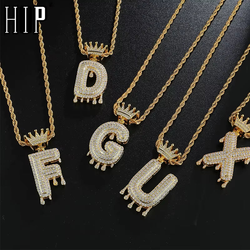 Hop Iced Out Bling Cubic A-Z Drip Crown Zircon Letters Necklaces & Pendant Chain for Men Jewelry with Rope Chain