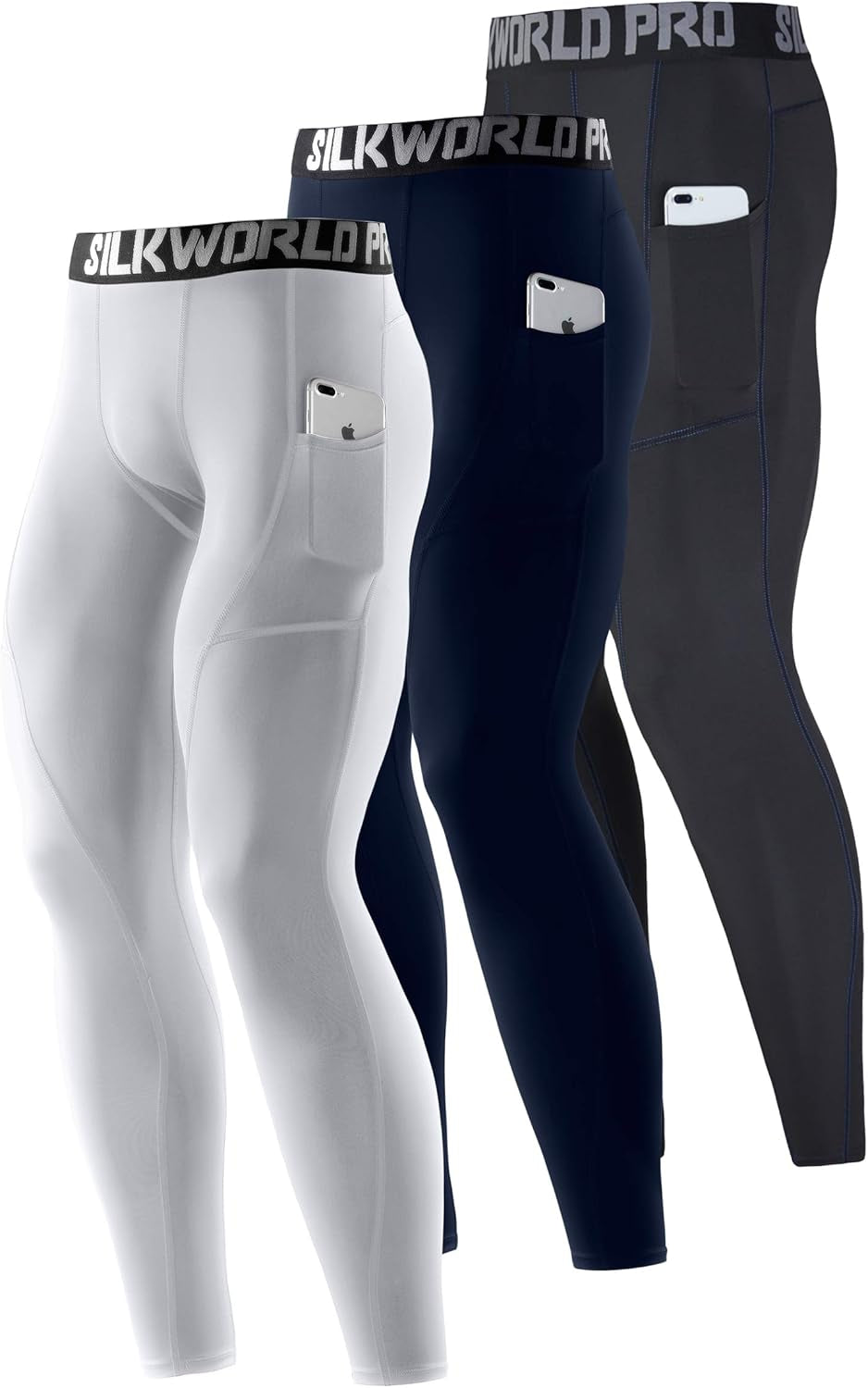 Men'S 1~3 Pack Compression Pants Pockets Cool Dry Gym Leggings Baselayer Running Tights