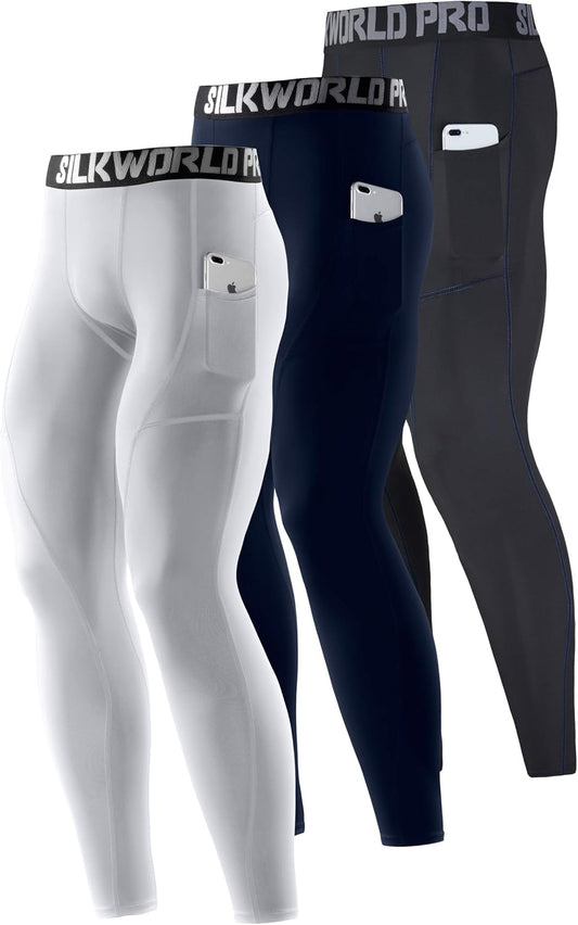 Men'S 1~3 Pack Compression Pants Pockets Cool Dry Gym Leggings Baselayer Running Tights