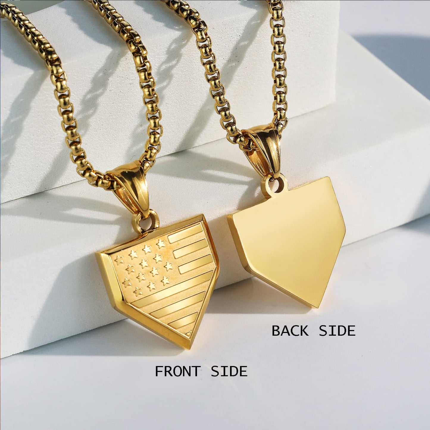 Baseball Home Plate Necklace for Men USA Flag Shield Pendant Stainless Steel Chain 22+2 inch Inspirational Bible Verse Baseball Gift Personalized Patriotic Jewelry for Men
