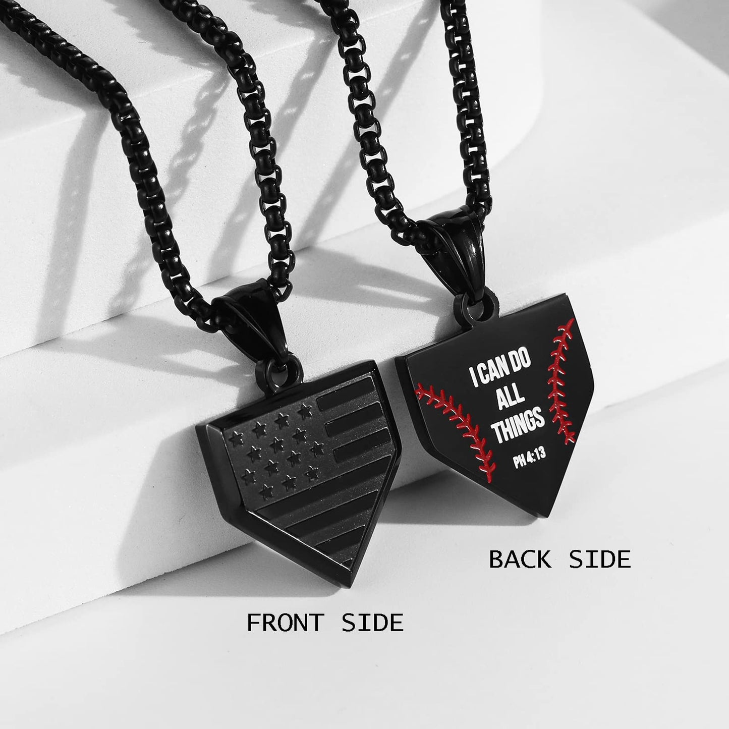 Baseball Home Plate Necklace for Men USA Flag Shield Pendant Stainless Steel Chain 22+2 inch Inspirational Bible Verse Baseball Gift Personalized Patriotic Jewelry for Men