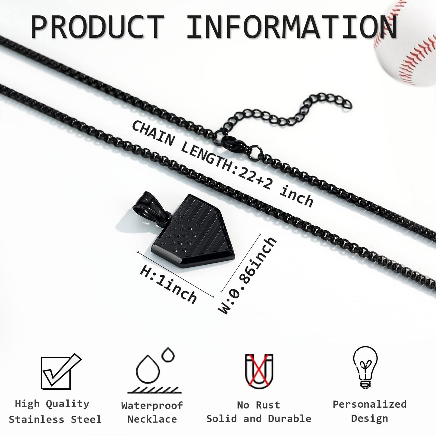 Baseball Home Plate Necklace for Men USA Flag Shield Pendant Stainless Steel Chain 22+2 inch Inspirational Bible Verse Baseball Gift Personalized Patriotic Jewelry for Men