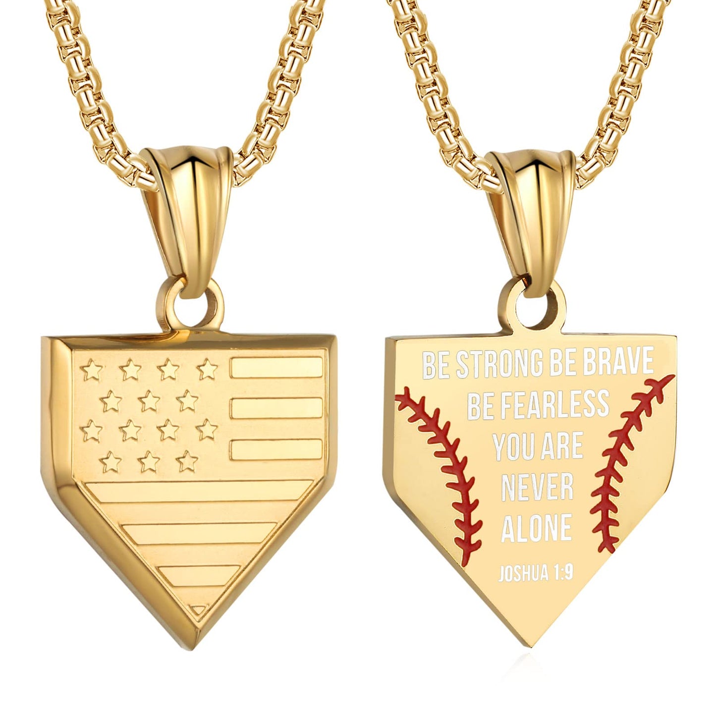 Baseball Home Plate Necklace for Men USA Flag Shield Pendant Stainless Steel Chain 22+2 inch Inspirational Bible Verse Baseball Gift Personalized Patriotic Jewelry for Men