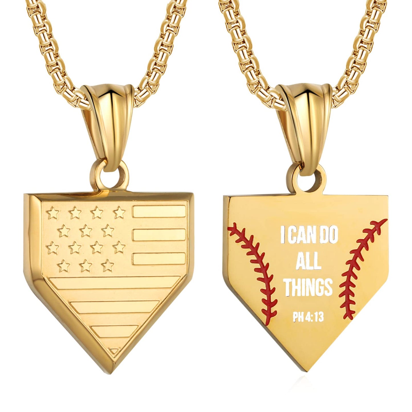 Baseball Home Plate Necklace for Men USA Flag Shield Pendant Stainless Steel Chain 22+2 inch Inspirational Bible Verse Baseball Gift Personalized Patriotic Jewelry for Men
