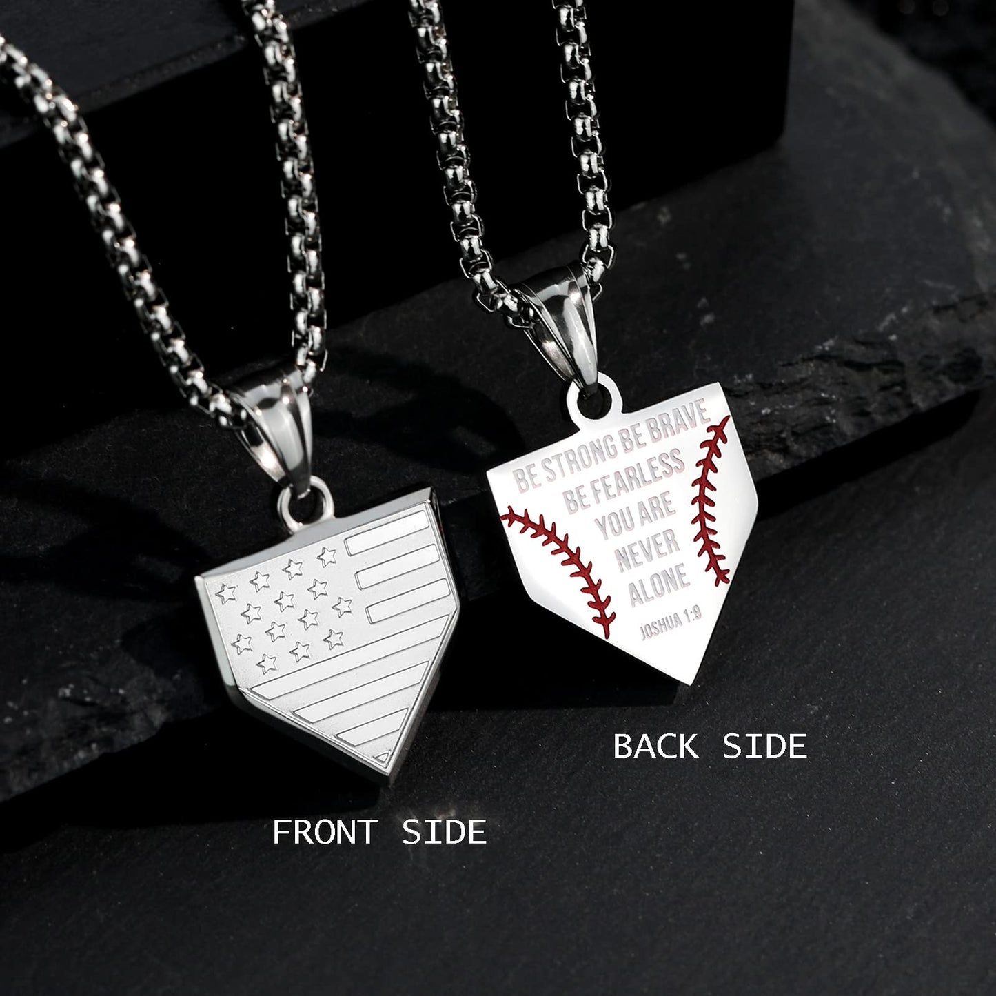 Baseball Home Plate Necklace for Men USA Flag Shield Pendant Stainless Steel Chain 22+2 inch Inspirational Bible Verse Baseball Gift Personalized Patriotic Jewelry for Men