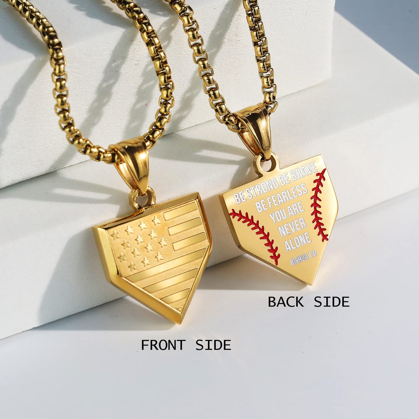 Baseball Home Plate Necklace for Men USA Flag Shield Pendant Stainless Steel Chain 22+2 inch Inspirational Bible Verse Baseball Gift Personalized Patriotic Jewelry for Men