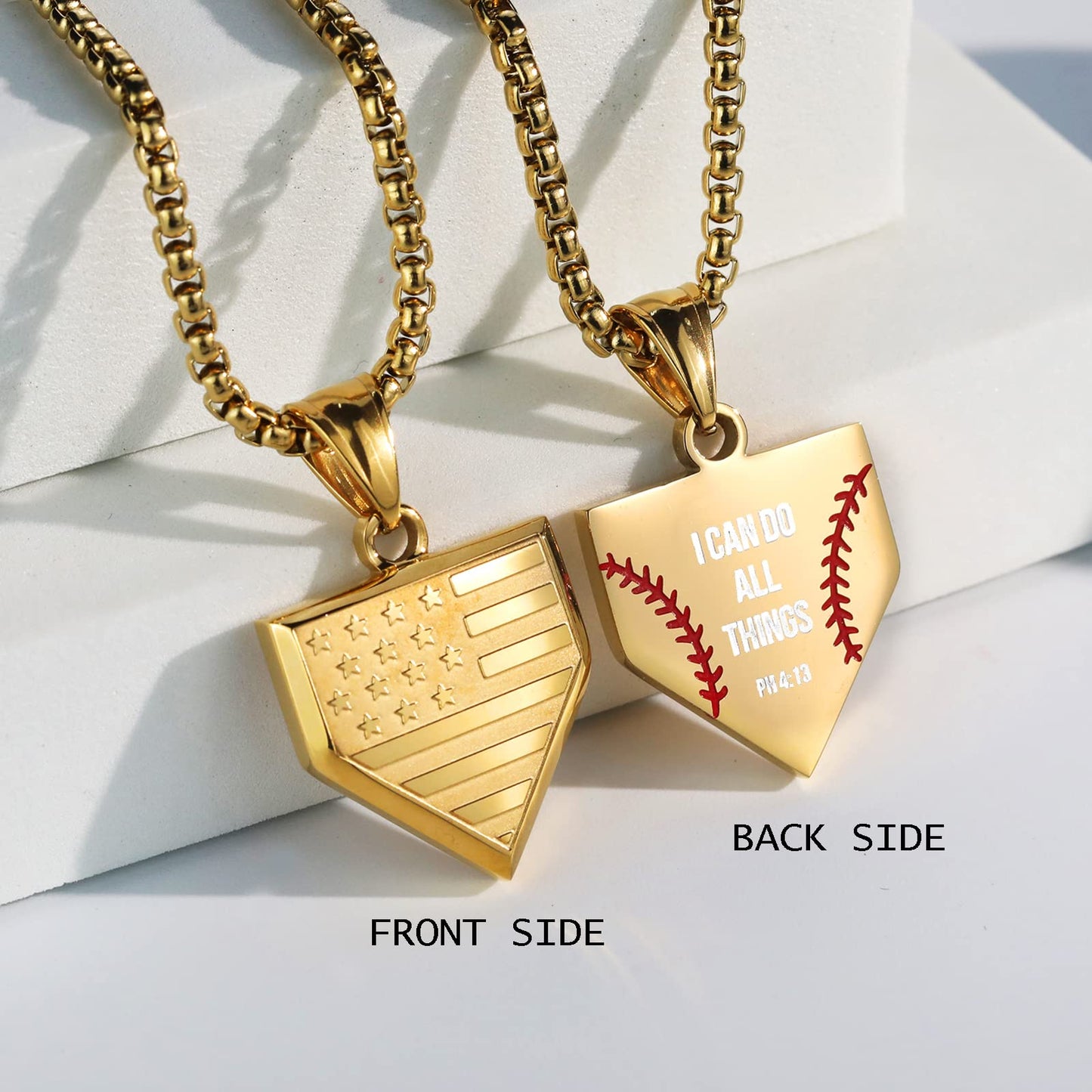 Baseball Home Plate Necklace for Men USA Flag Shield Pendant Stainless Steel Chain 22+2 inch Inspirational Bible Verse Baseball Gift Personalized Patriotic Jewelry for Men
