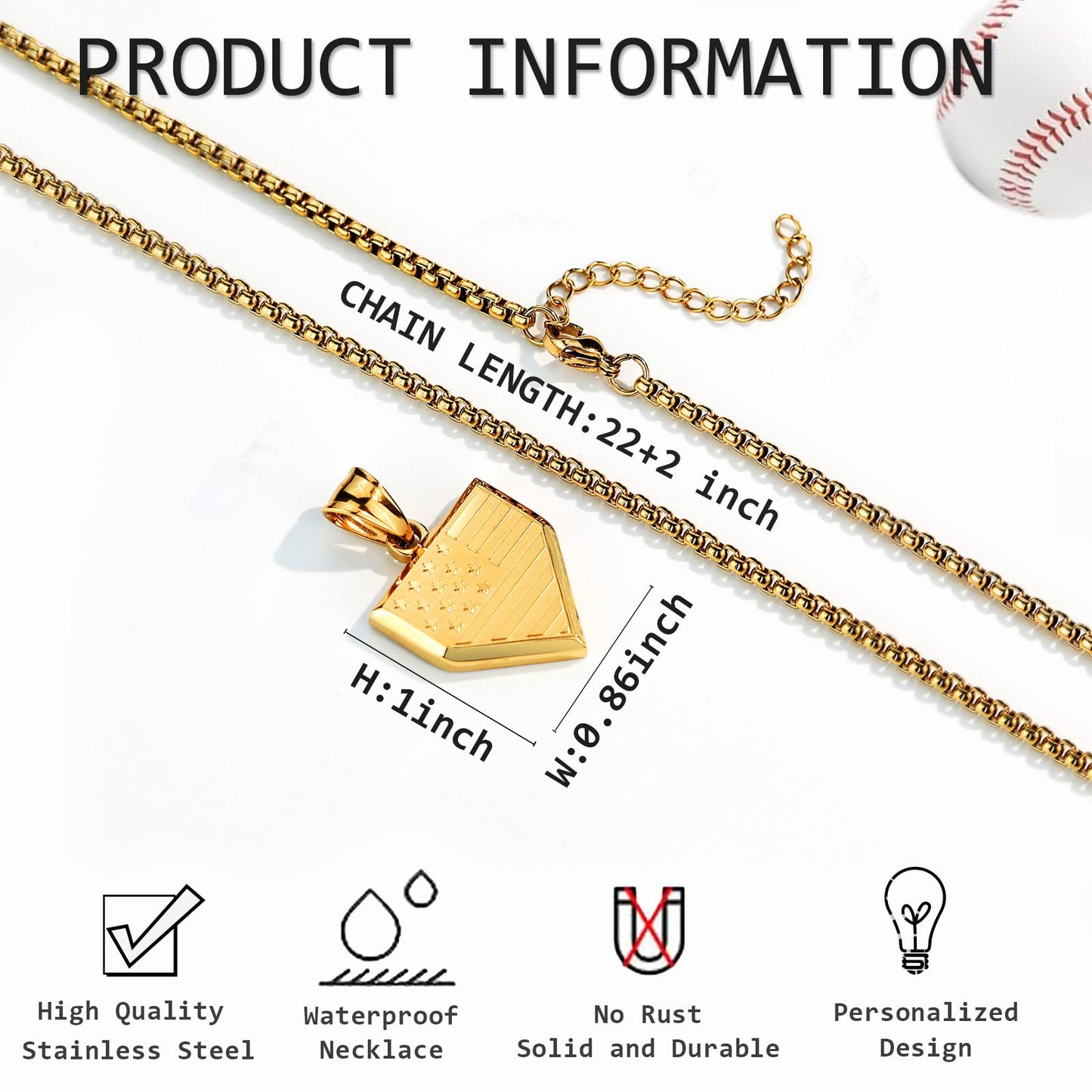Baseball Home Plate Necklace for Men USA Flag Shield Pendant Stainless Steel Chain 22+2 inch Inspirational Bible Verse Baseball Gift Personalized Patriotic Jewelry for Men