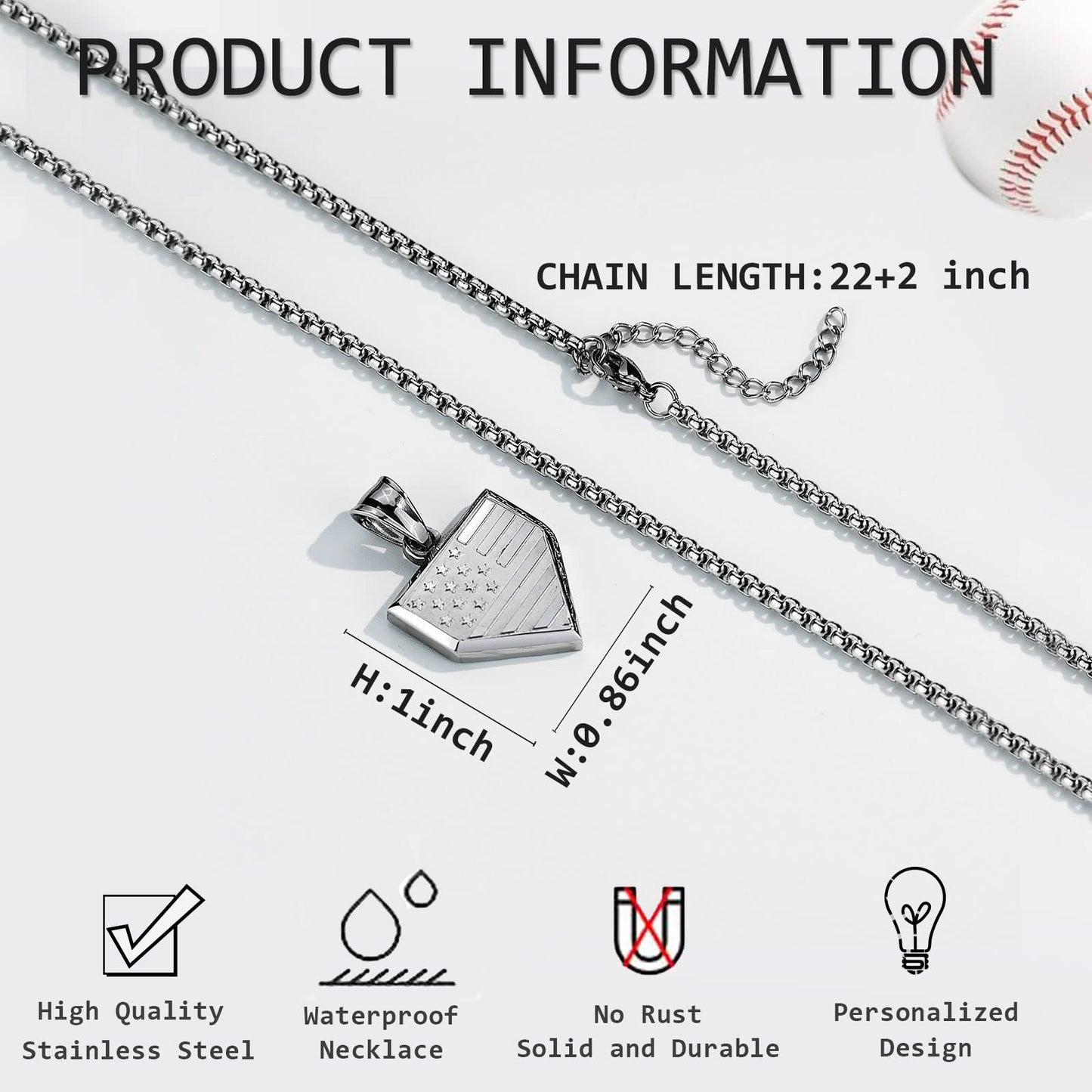 Baseball Home Plate Necklace for Men USA Flag Shield Pendant Stainless Steel Chain 22+2 inch Inspirational Bible Verse Baseball Gift Personalized Patriotic Jewelry for Men