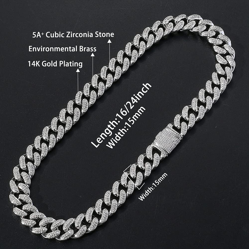 Gold Cuban Chain for Men,Hip Hop 15Mm 14K Gold Plated Iced Out Lab Diamond Miami Cuban Link Chain Necklace,Full Cz Diamond Cut