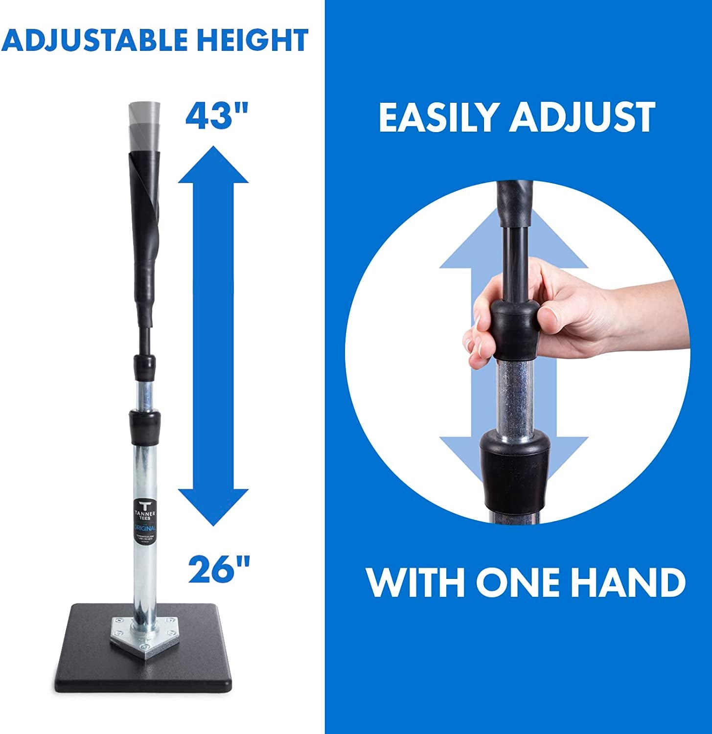 Tee the Original Professional Baseball Tee Softball Adult Batting Tee. Weather Resistant Composite Base, Hand-Rolled Flexible Rubber Ball Rest, Adjust: 26" to 43", Durable Rugged Steel Stem