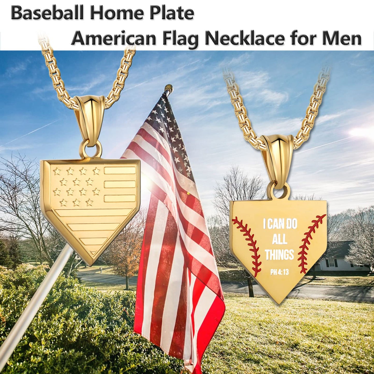Baseball Home Plate Necklace for Men USA Flag Shield Pendant Stainless Steel Chain 22+2 inch Inspirational Bible Verse Baseball Gift Personalized Patriotic Jewelry for Men