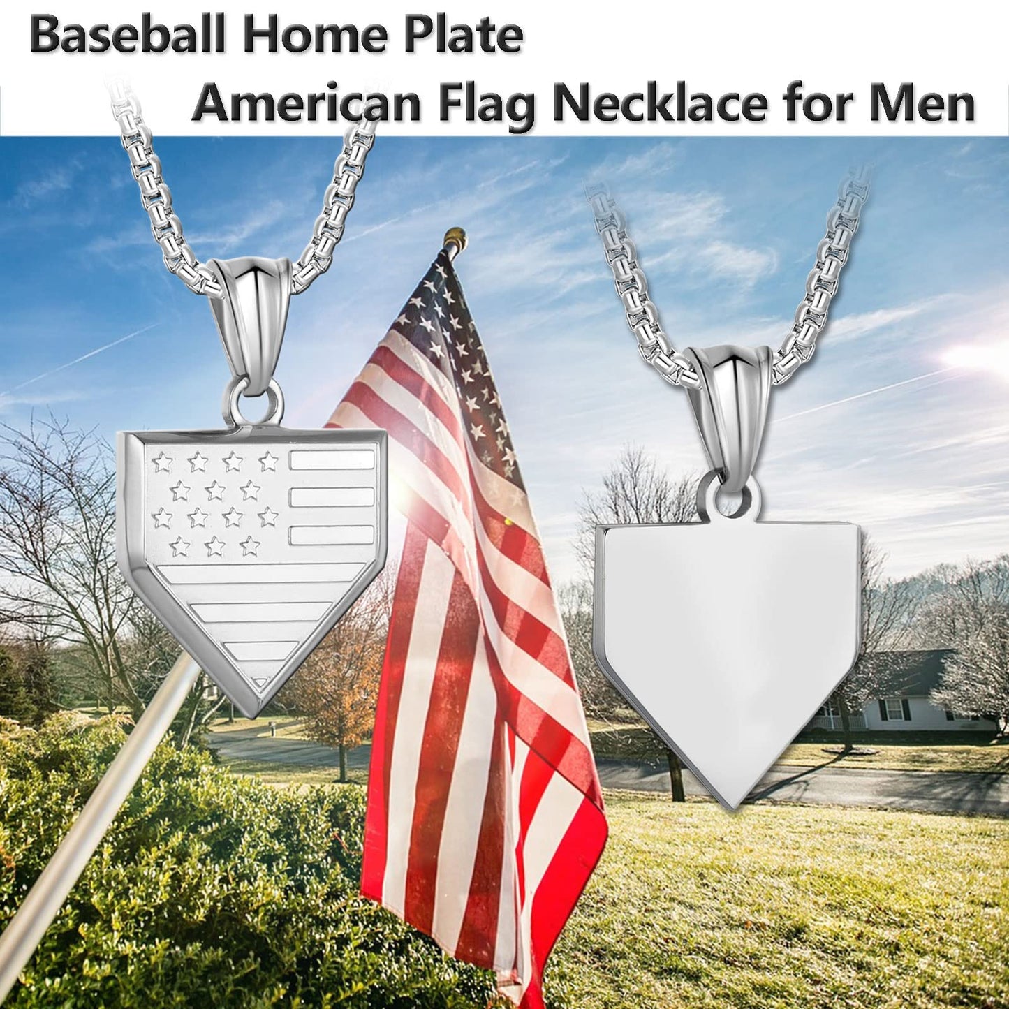 Baseball Home Plate Necklace for Men USA Flag Shield Pendant Stainless Steel Chain 22+2 inch Inspirational Bible Verse Baseball Gift Personalized Patriotic Jewelry for Men