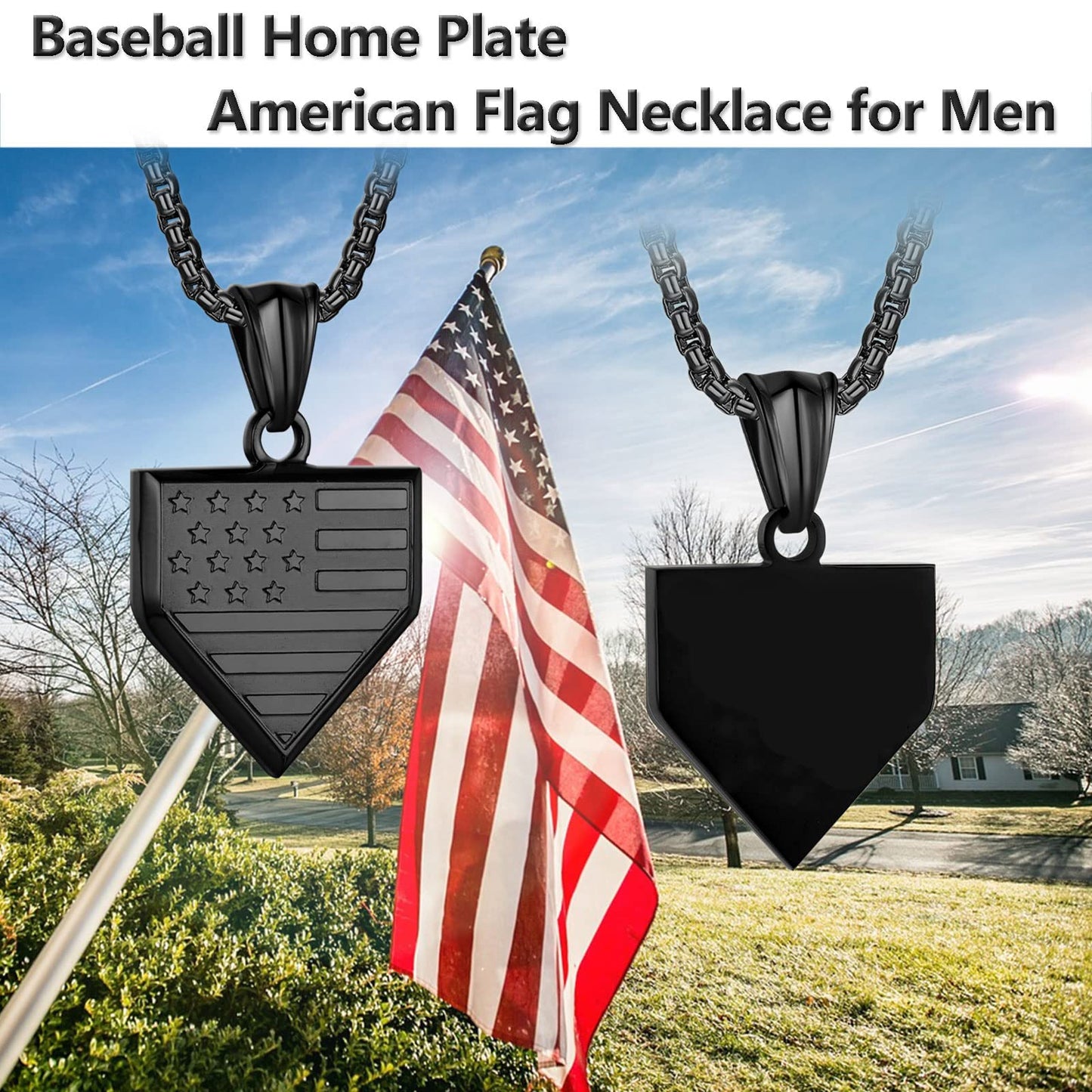 Baseball Home Plate Necklace for Men USA Flag Shield Pendant Stainless Steel Chain 22+2 inch Inspirational Bible Verse Baseball Gift Personalized Patriotic Jewelry for Men