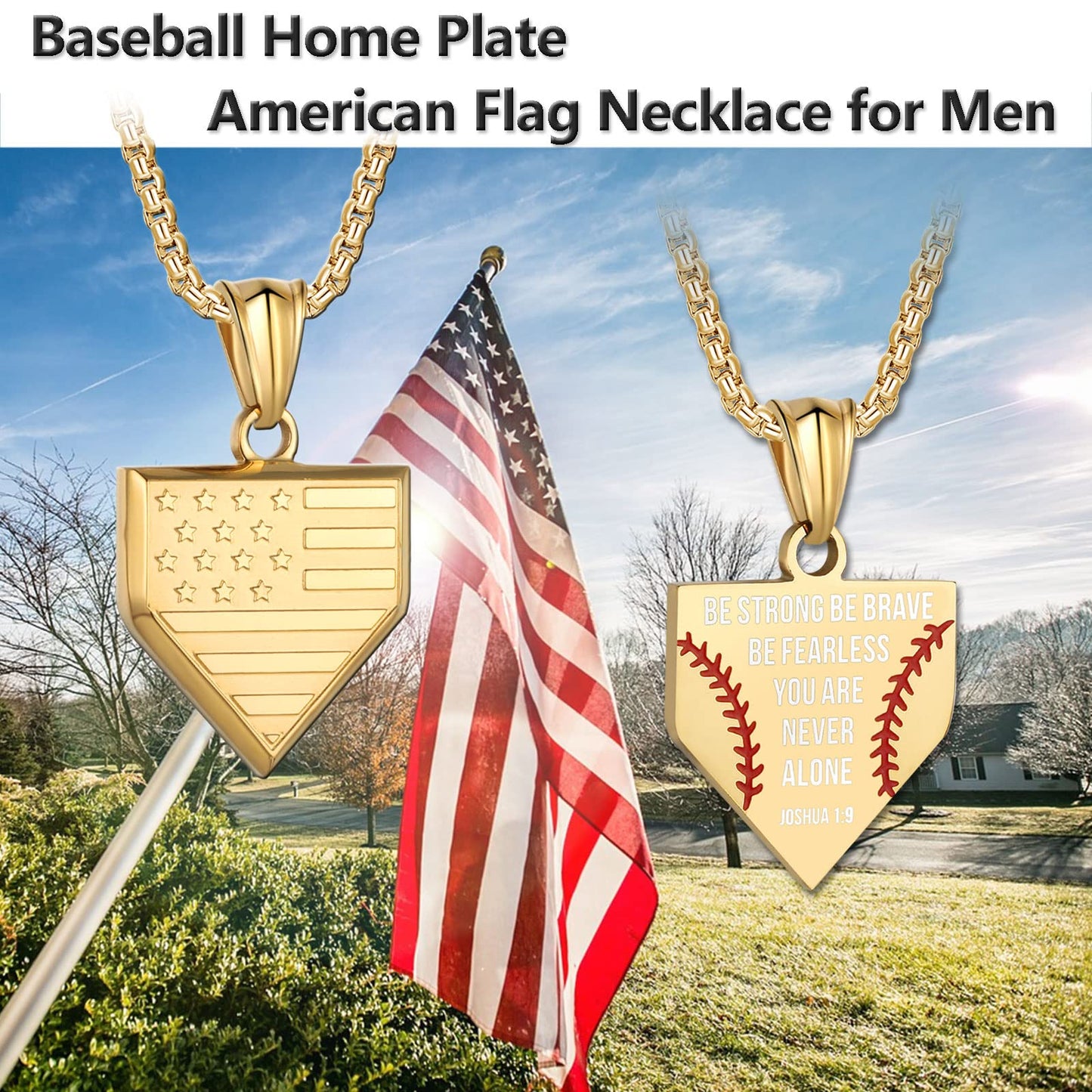 Baseball Home Plate Necklace for Men USA Flag Shield Pendant Stainless Steel Chain 22+2 inch Inspirational Bible Verse Baseball Gift Personalized Patriotic Jewelry for Men