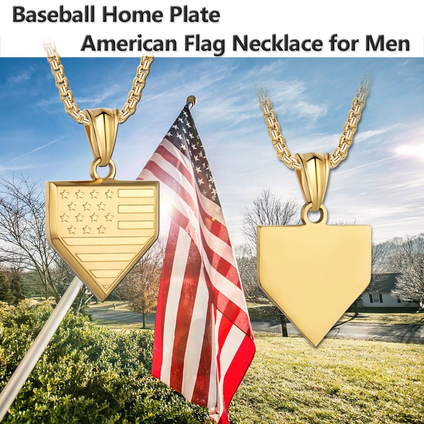 Baseball Home Plate Necklace for Men USA Flag Shield Pendant Stainless Steel Chain 22+2 inch Inspirational Bible Verse Baseball Gift Personalized Patriotic Jewelry for Men