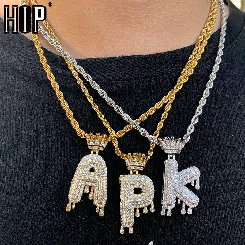 Hop Iced Out Bling Cubic A-Z Drip Crown Zircon Letters Necklaces & Pendant Chain for Men Jewelry with Rope Chain