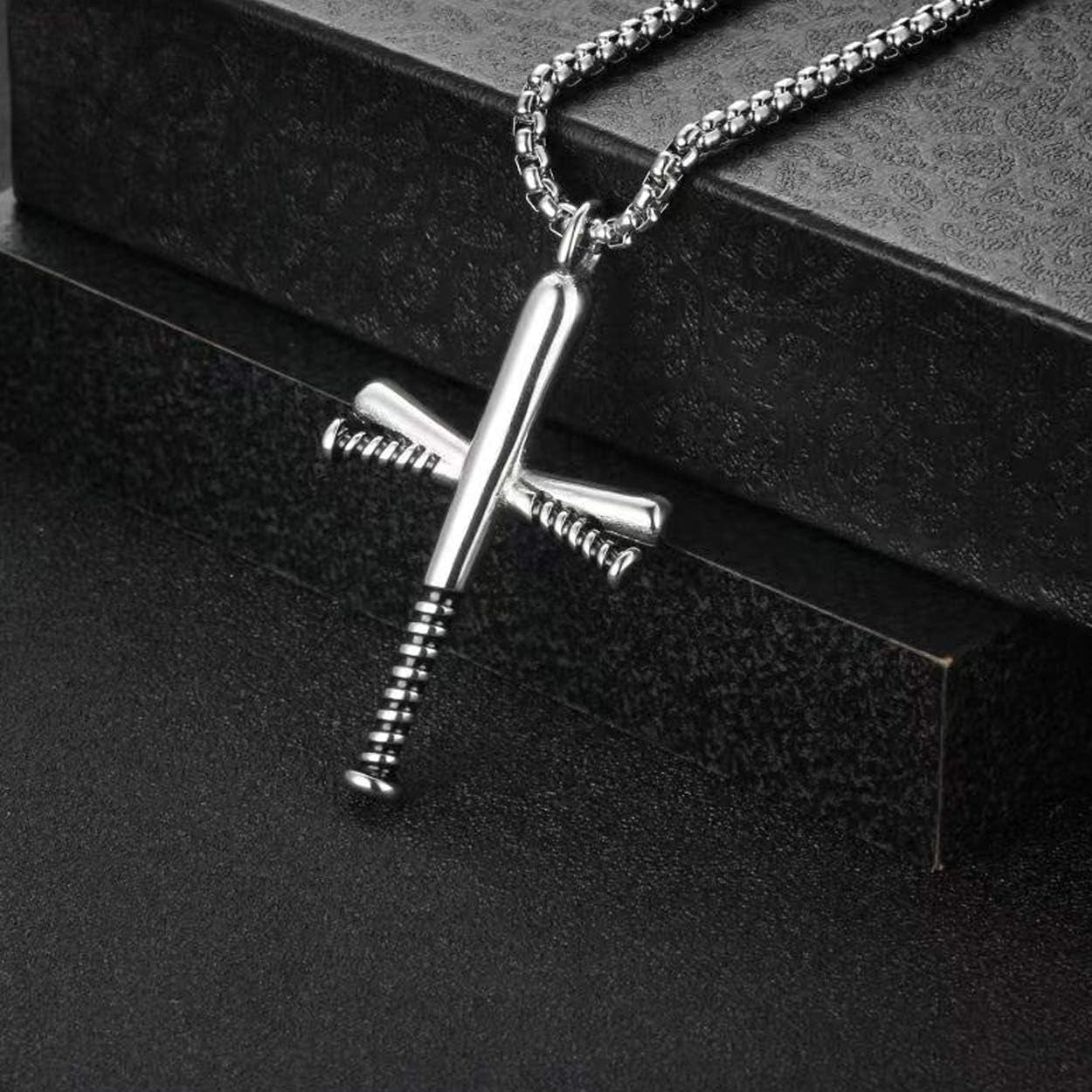 Baseball Bat Cross Pendant Necklace for Men Women with 24" Stainless Steel Chain Black Gold Silver